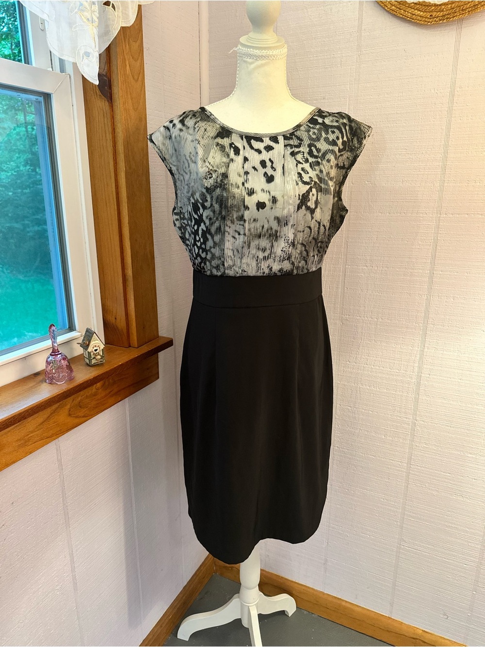 dressbarn Black Dress with Gray Animal-Print Bodice